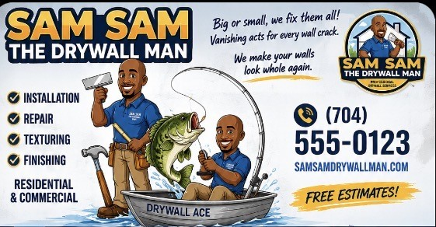 Sam Sam The Drywall Man business card with services and phone number